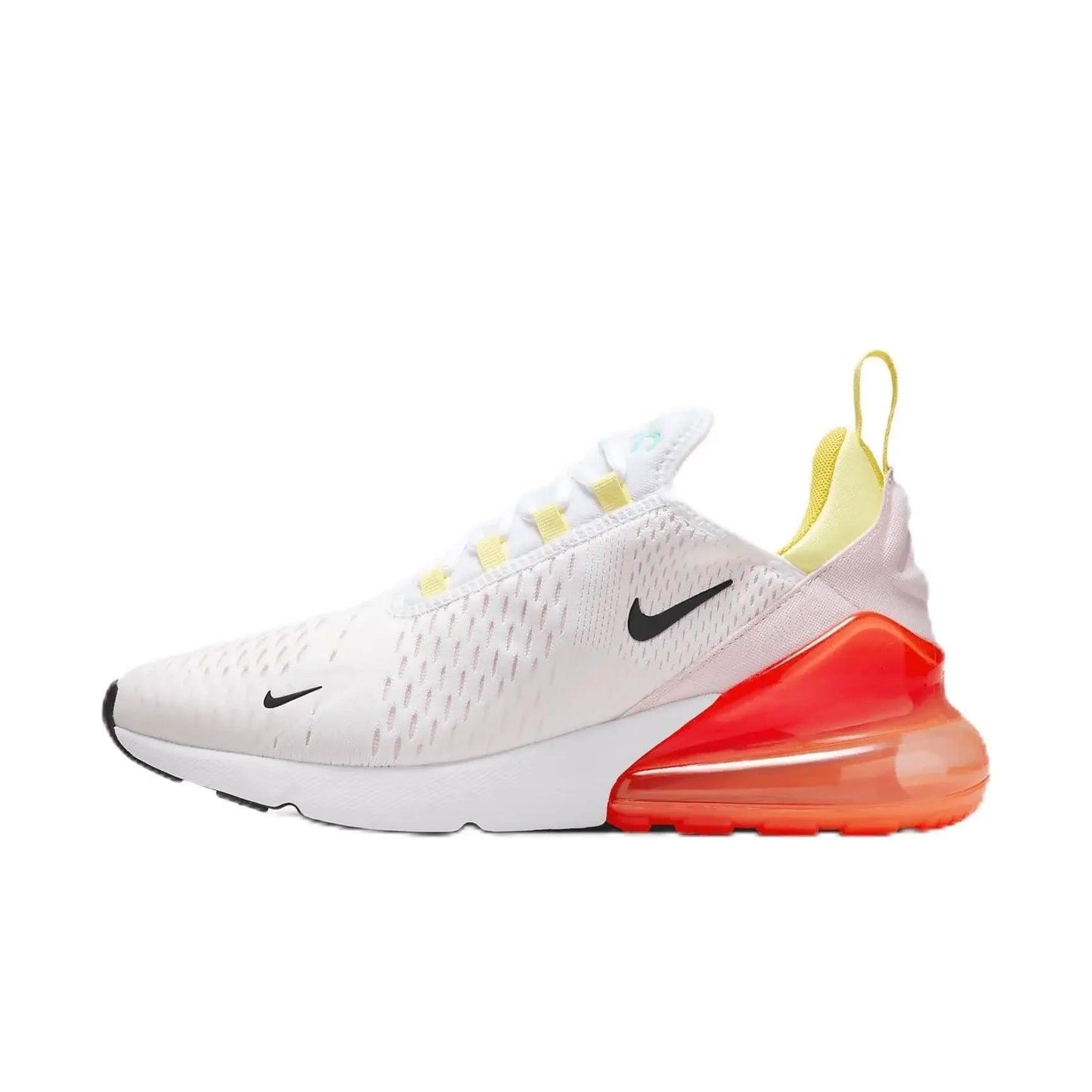 White Nike Air Max 270 sneaker with vibrant orange sole and yellow accents, ideal for women's fashion and comfort.