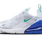 White Nike Air Max 270 sneaker with green swoosh and blue air cushion, women's fashion footwear