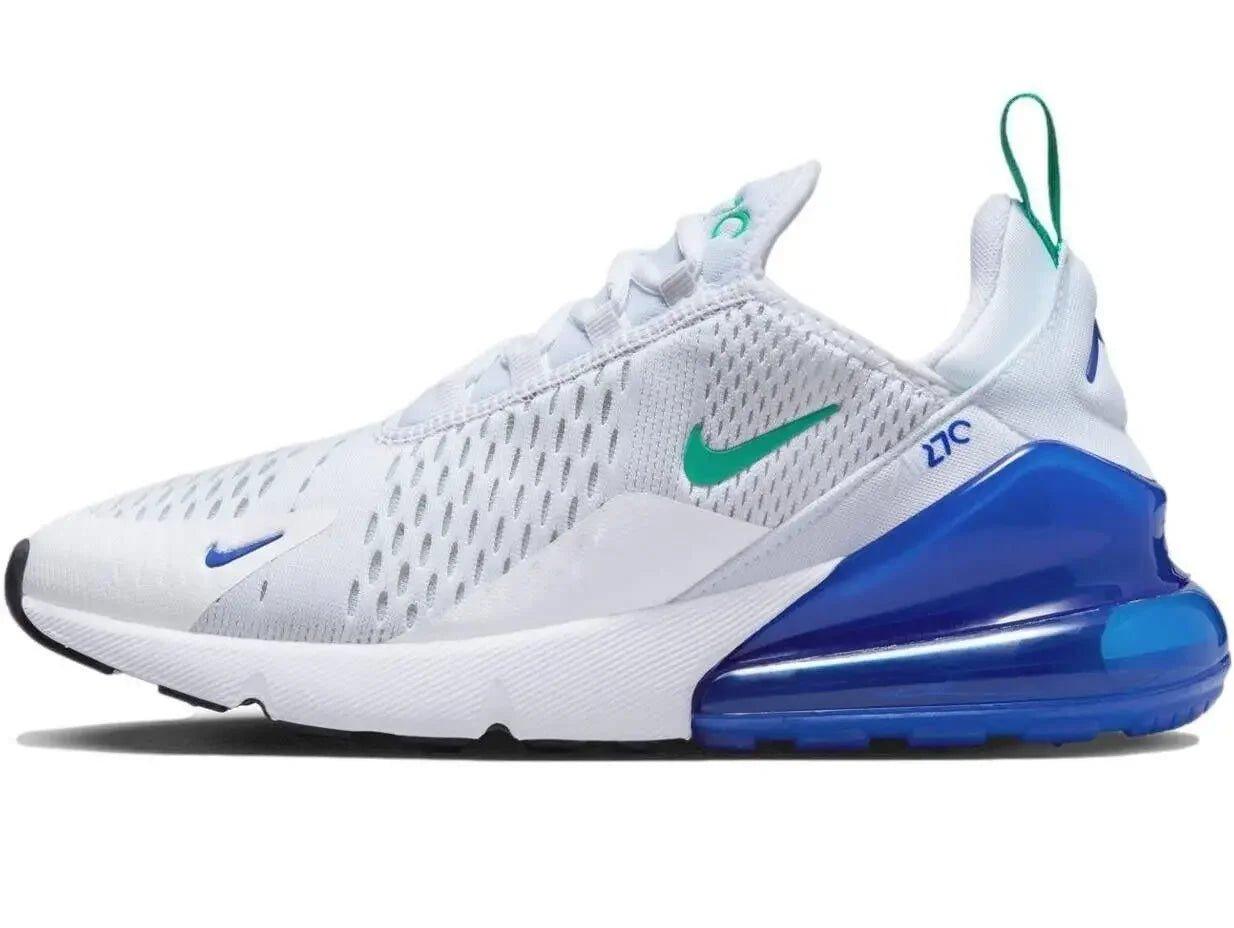White Nike Air Max 270 sneaker with green swoosh and blue air cushion, women's fashion footwear
