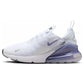 White Nike Air Max 270 sneaker with purple accents and visible air cushioning, ideal for women's fashion and comfort.