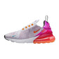 Women's Nike Air Max 270 sneaker with white mesh, pink heel, and orange accents for fashion and comfort