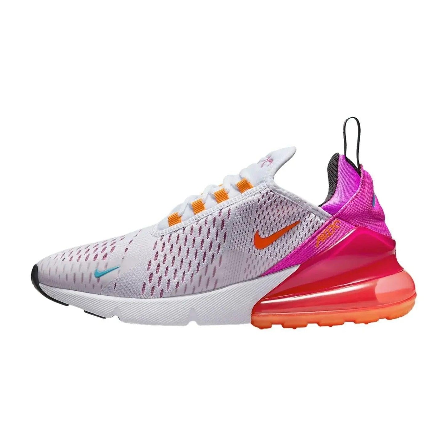 Women's Nike Air Max 270 sneaker with white mesh, pink heel, and orange accents for fashion and comfort