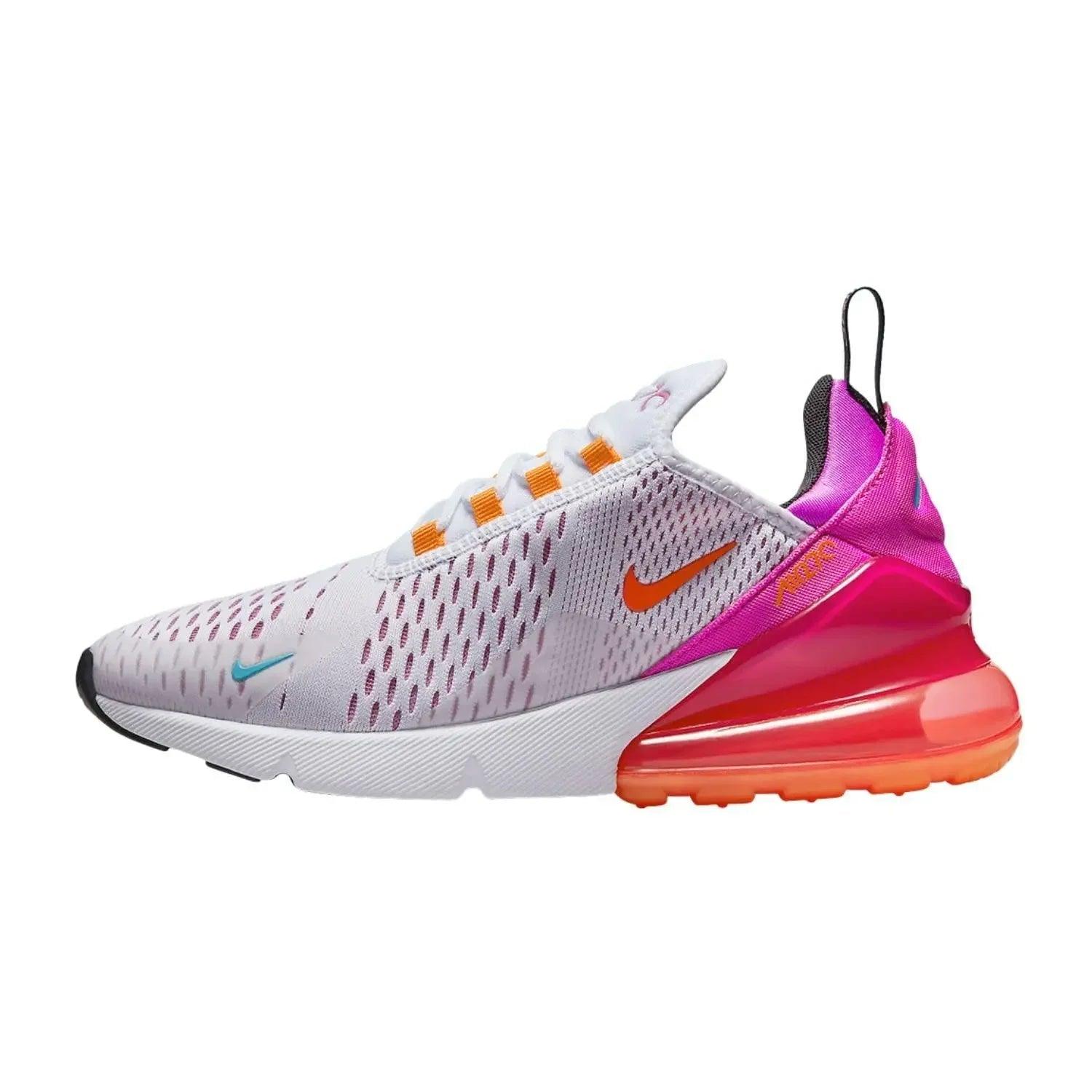Women's Nike Air Max 270 sneaker with white mesh, pink heel, and orange accents for fashion and comfort