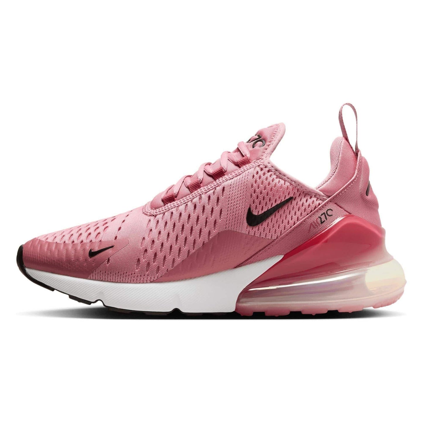 Pink Nike Air Max 270 women's running shoes with breathable mesh and visible air cushioning