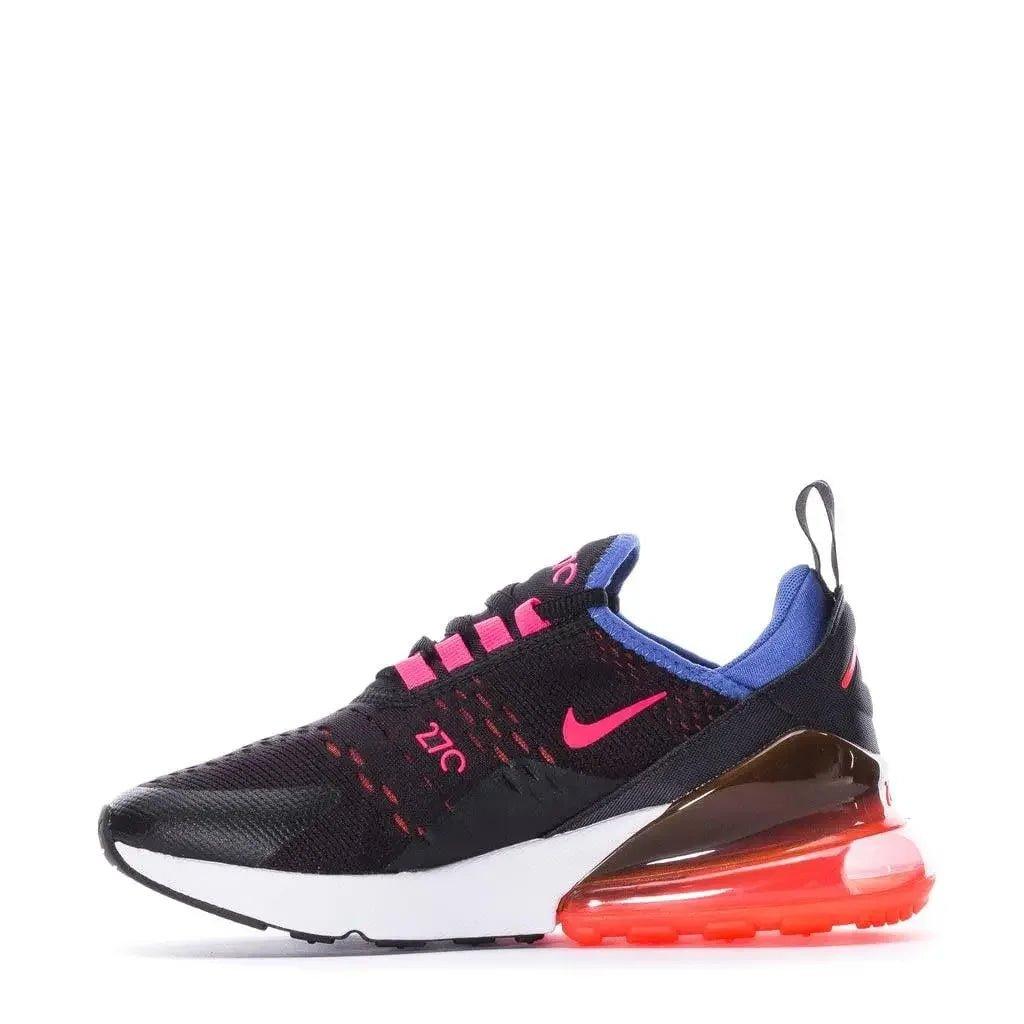 Black Nike Air Max 270 sneaker with pink swoosh, blue accents, and red air cushion sole for women's fashion