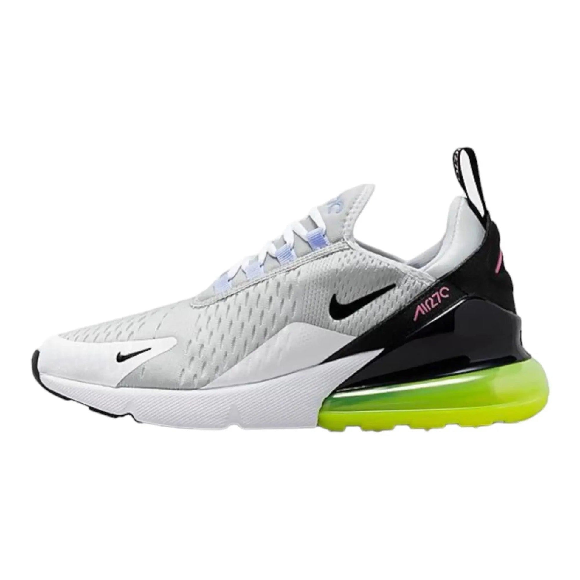 Nike Air Max 270 sneaker with white mesh, black accents, and neon green sole for women's fashion