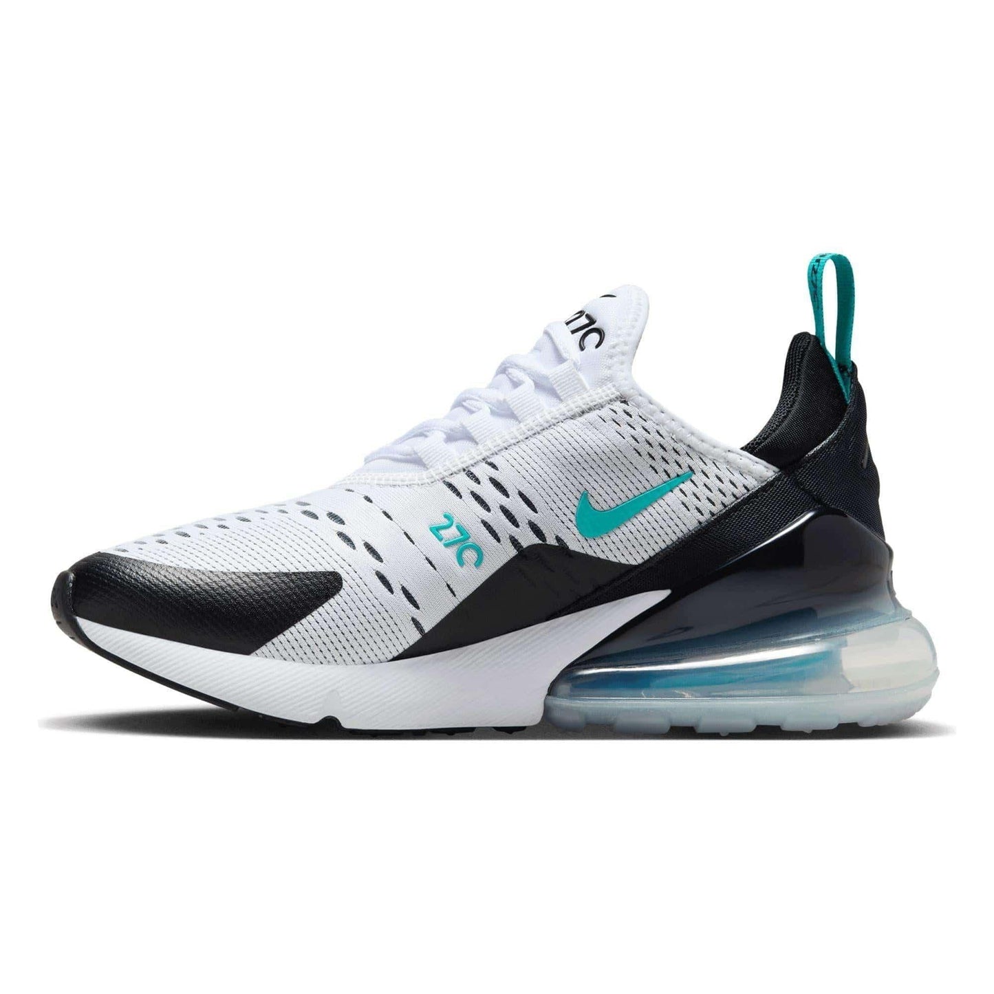 White and black Nike Air Max 270 sneaker with teal accents and visible air cushioning, ideal for women's fashion and comfort.
