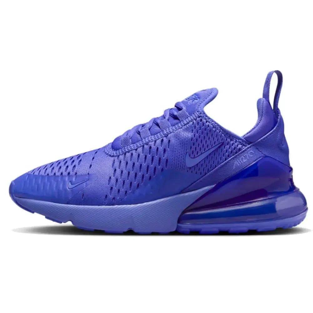 Vibrant purple Nike Air Max 270 sneaker with mesh upper and visible air cushioning, perfect for women's fashion and comfort.