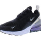 Black Nike Air Max 270 women's sneaker with white swoosh and purple air sole, fashion athletic shoe