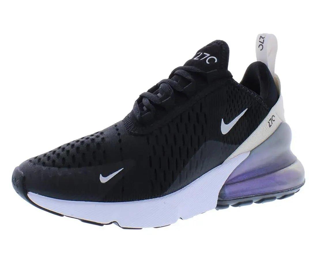 Black Nike Air Max 270 women's sneaker with white swoosh and purple air sole, fashion athletic shoe