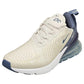 Beige Nike Air Max 270 women's running sneaker with blue accents and visible air cushion