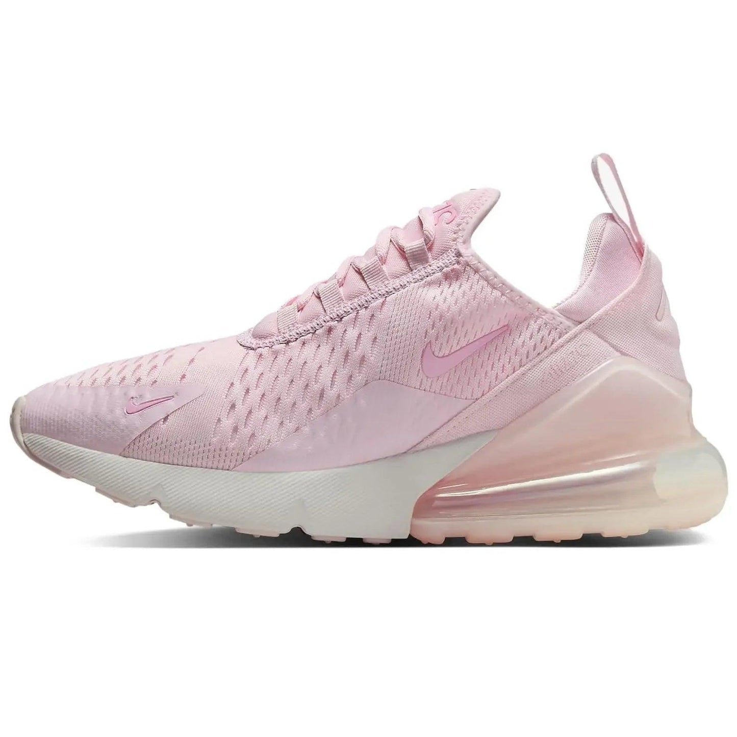 Pink Nike Air Max 270 women's sneaker with mesh upper and visible air cushion sole