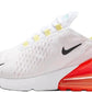 White Nike Air Max 270 sneaker with yellow accents and red-orange air sole, women's fashion footwear
