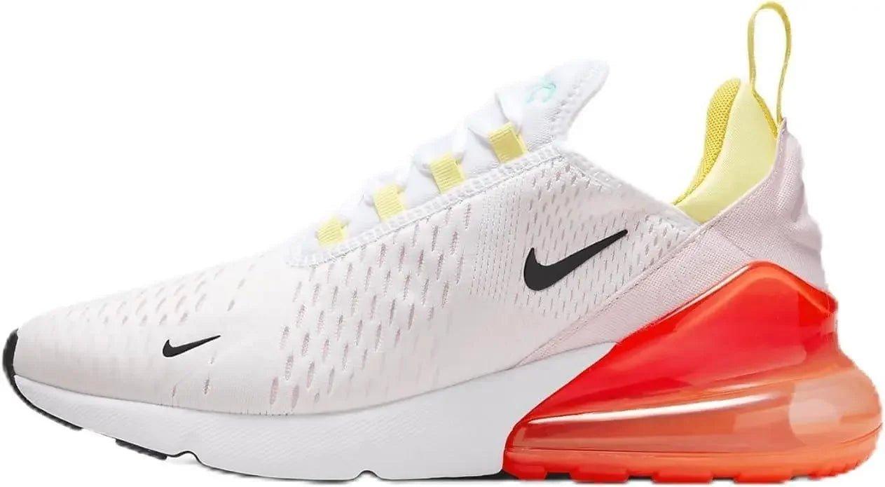 White Nike Air Max 270 sneaker with yellow accents and red-orange air sole, women's fashion footwear