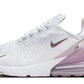 White Nike Air Max 270 sneaker with pink air sole, mesh upper, and rose gold swoosh for women's fashion
