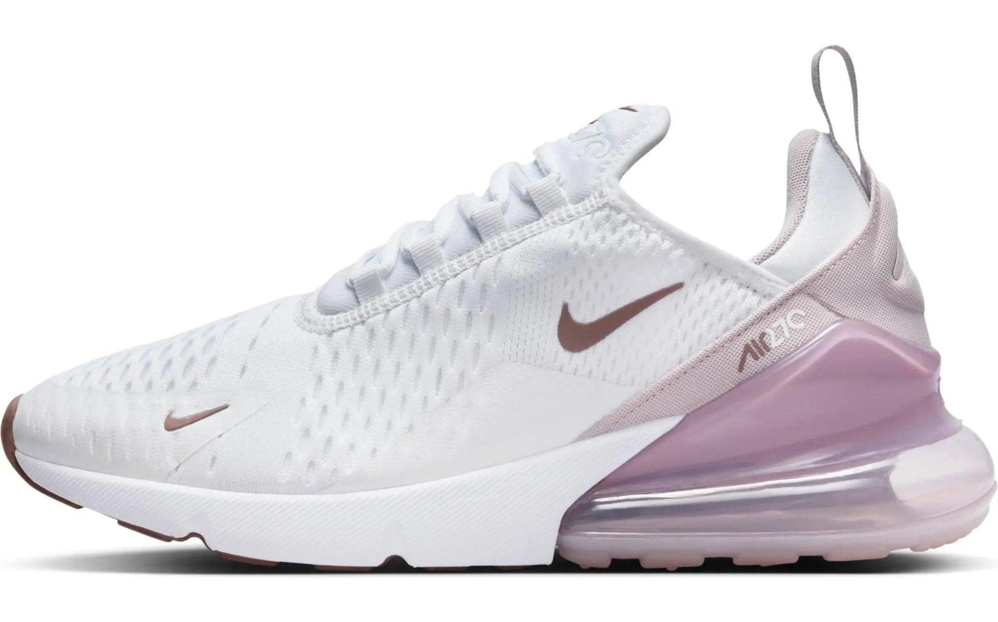 White Nike Air Max 270 sneaker with pink air sole, mesh upper, and rose gold swoosh for women's fashion