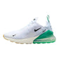 White Nike Air Max 270 sneaker with green heel and black swoosh, women's fashion footwear