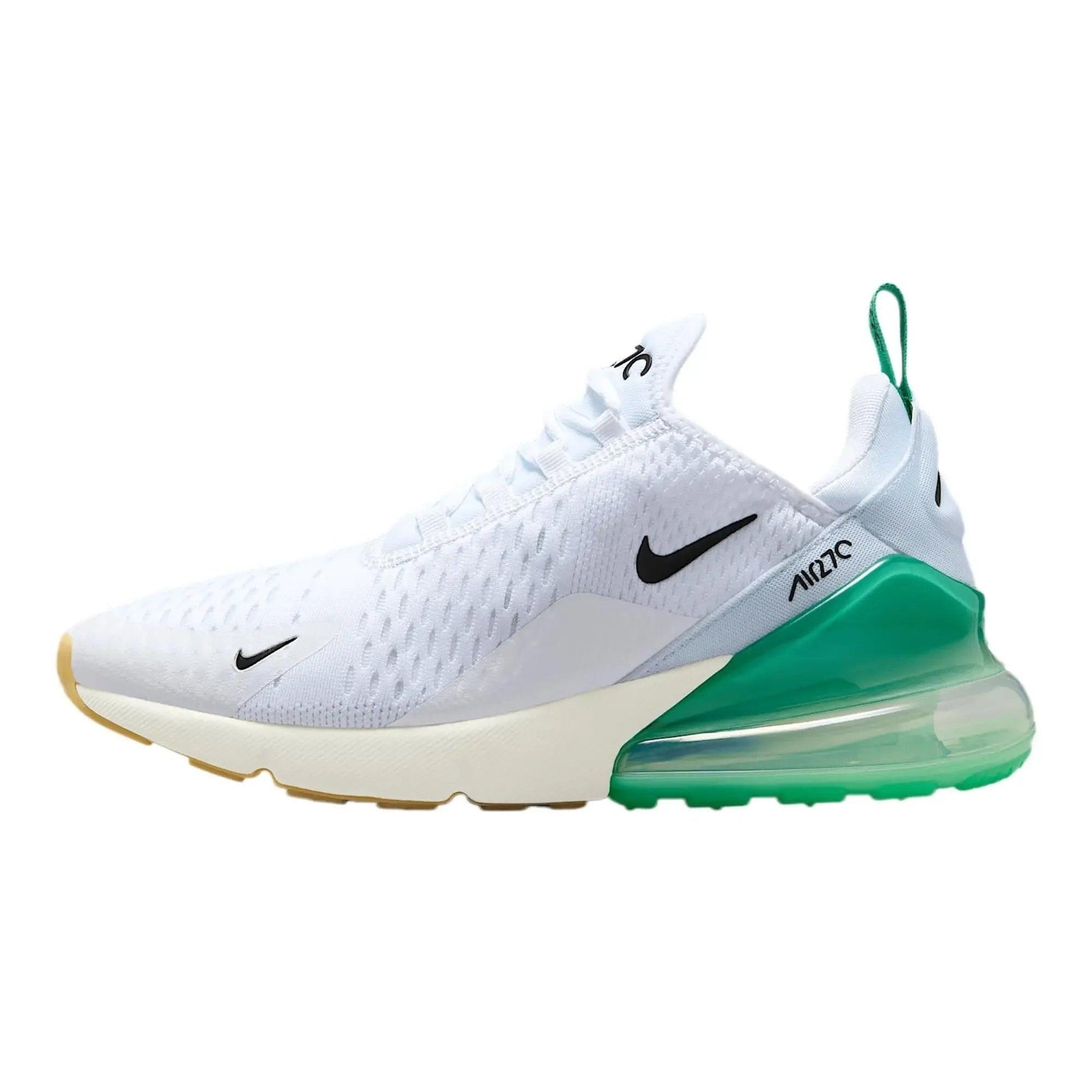 White Nike Air Max 270 sneaker with green heel and black swoosh, women's fashion footwear