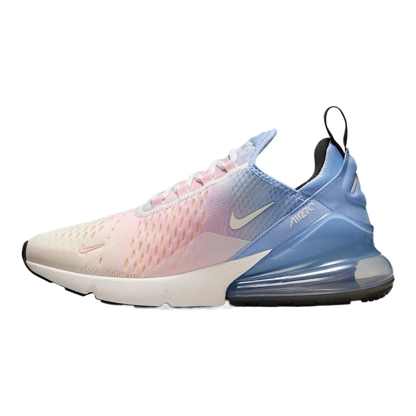 Nike Air Max 270 women's sneaker with pink to blue gradient, mesh upper, and visible air cushion sole
