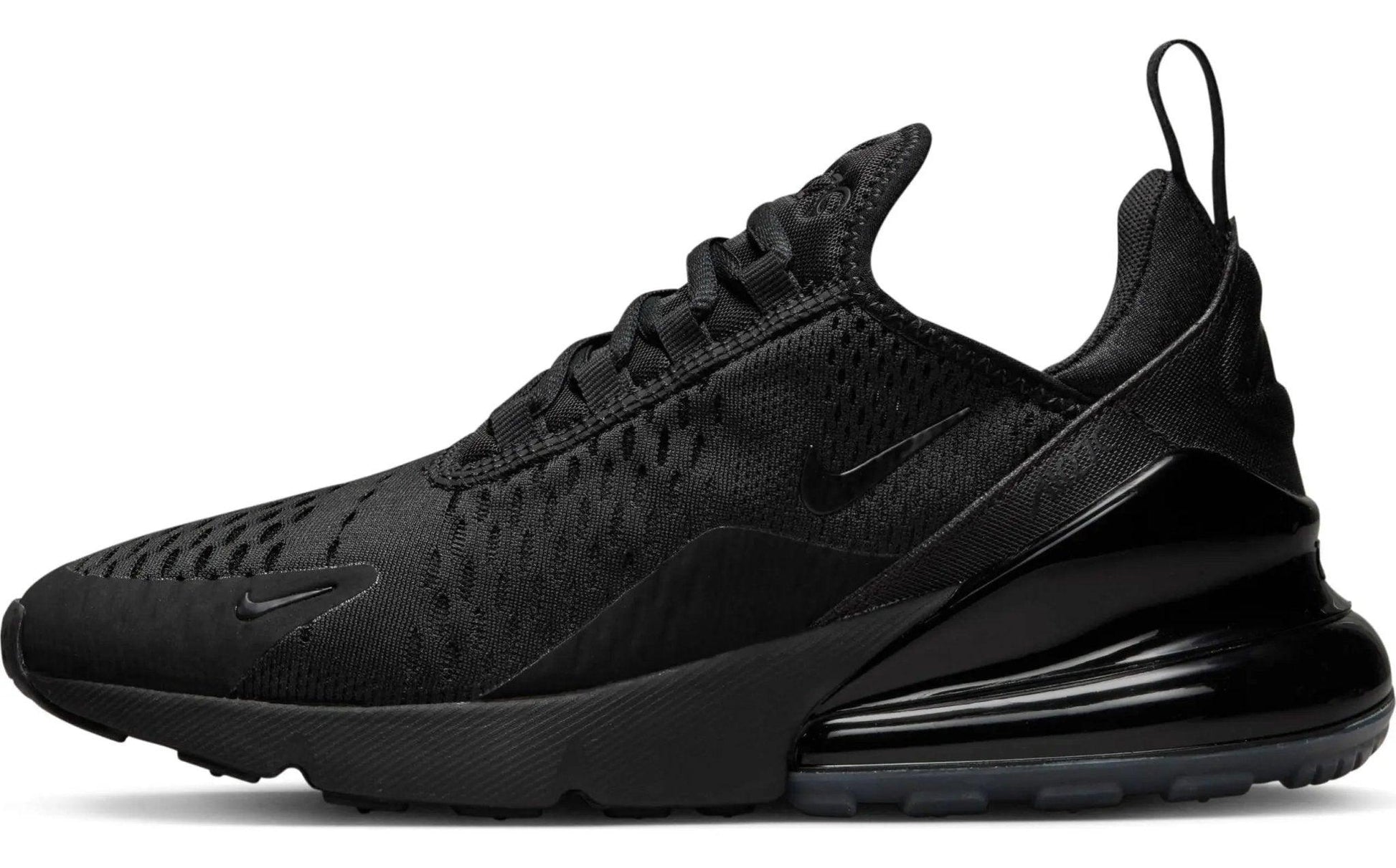 All black Nike Air Max 270 sneaker with mesh upper and visible air cushioning, stylish women's fashion footwear