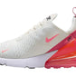 White Nike Air Max 270 sneaker with pink swoosh and gradient red-orange heel air unit