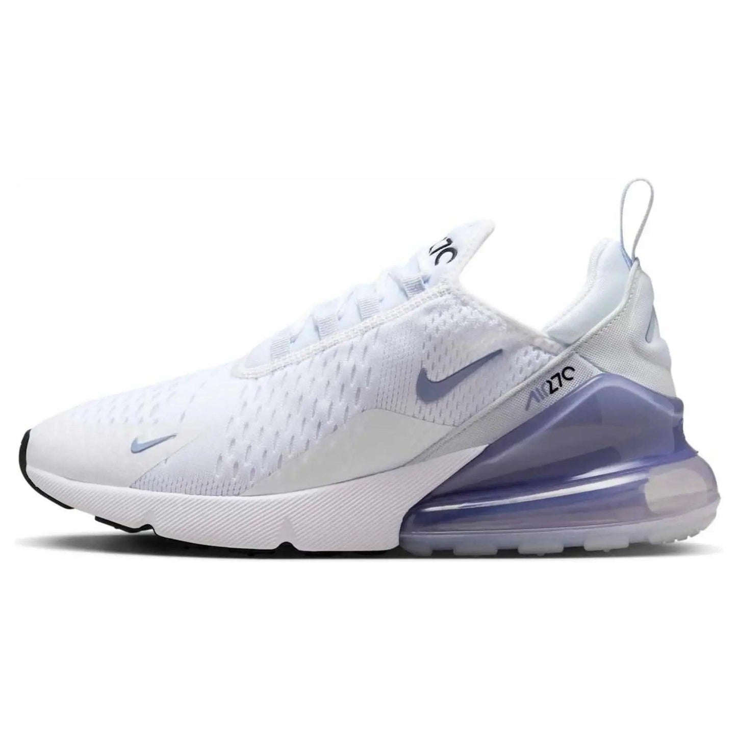 White Nike Air Max 270 sneaker with purple air unit, breathable mesh upper, and sporty design for women's fashion