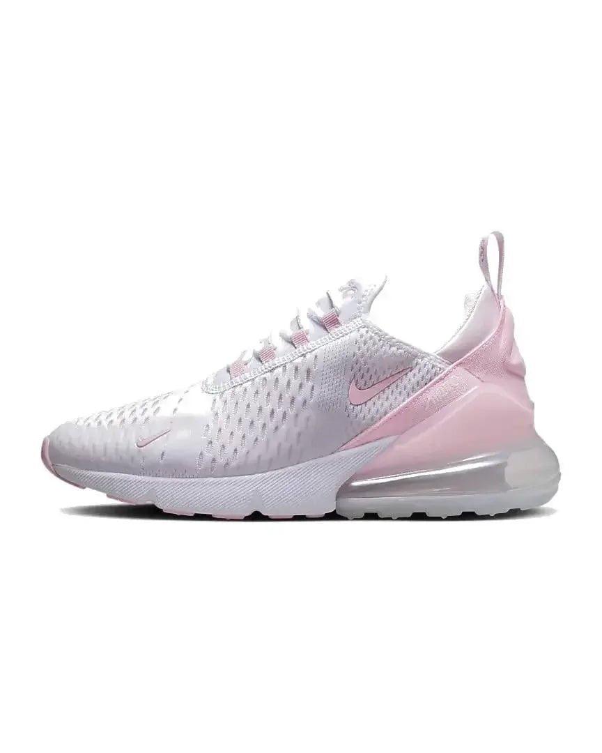 White and pink Nike Air Max 270 women's sneaker with mesh upper and visible air cushioning