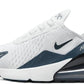 Nike Air Max 270 women's white and navy athletic sneakers with visible air cushioning
