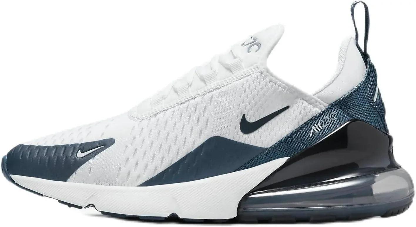 Nike Air Max 270 women's white and navy athletic sneakers with visible air cushioning