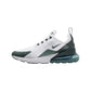 White and green Nike Air Max 270 sneaker with visible air cushion, ideal for women's fashion and comfort.