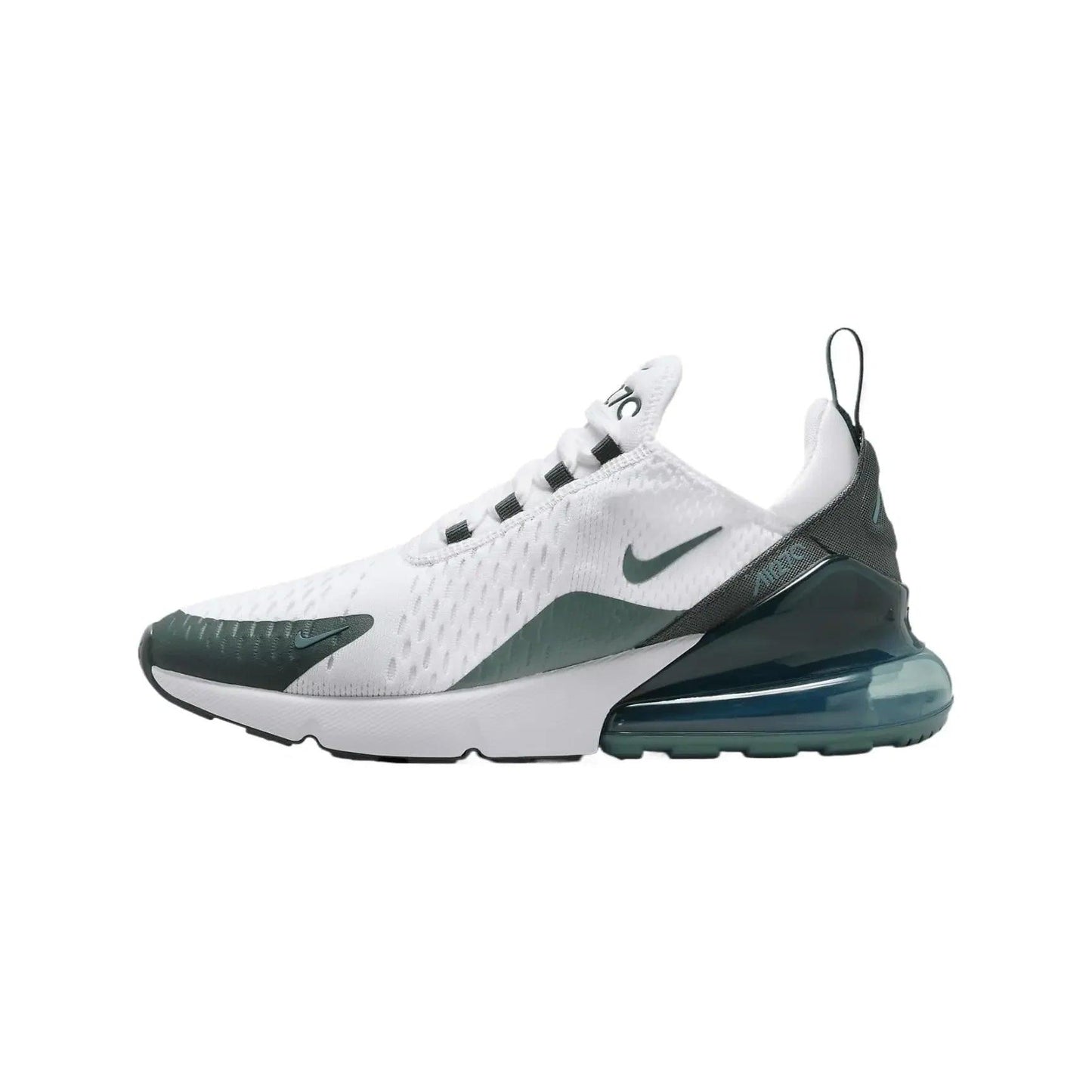 White and green Nike Air Max 270 sneaker with visible air cushion, ideal for women's fashion and comfort.
