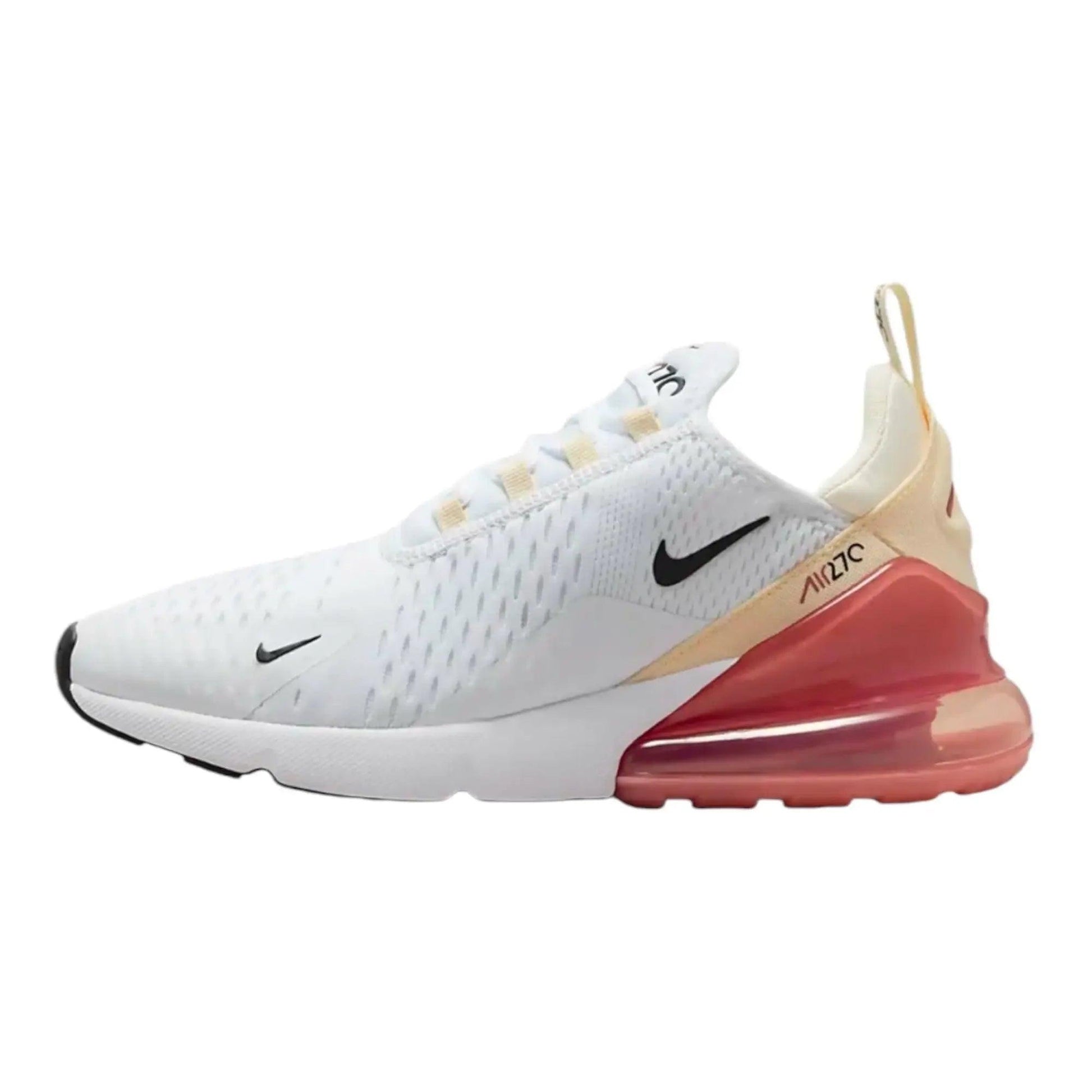 White Nike Air Max 270 sneaker with pink translucent heel, breathable mesh upper, and black swoosh logo