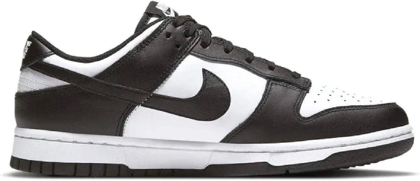 Black and white Nike Dunk Low sneaker with classic Swoosh design, ideal for casual fashion and streetwear styles.
