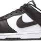 Black and white Nike Dunk Low sneaker with classic swoosh design, ideal for women's fashion and streetwear styles.