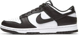 Black and white Nike Dunk Low sneaker with classic swoosh design, ideal for women's fashion and streetwear styles.