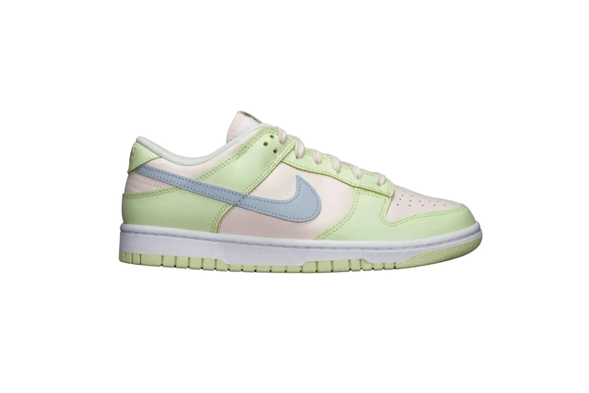 Pastel green and pink women's fashion sneaker with light blue swoosh, white sole, stylish casual shoe