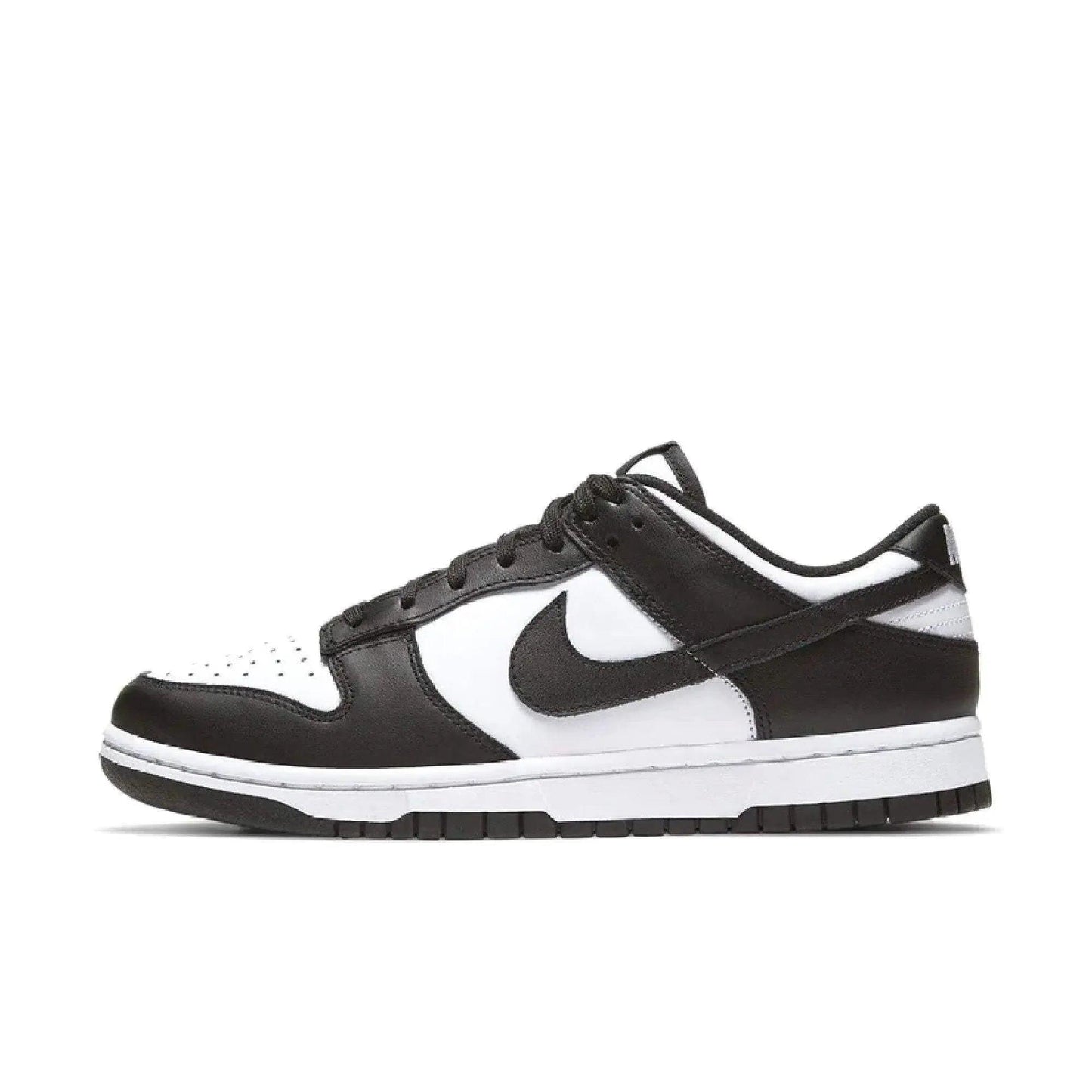Black and white Nike Dunk Low sneaker with classic design and bold swoosh logo