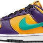 Purple and gold Nike Dunk Low sneaker with teal swoosh, women's fashion footwear
