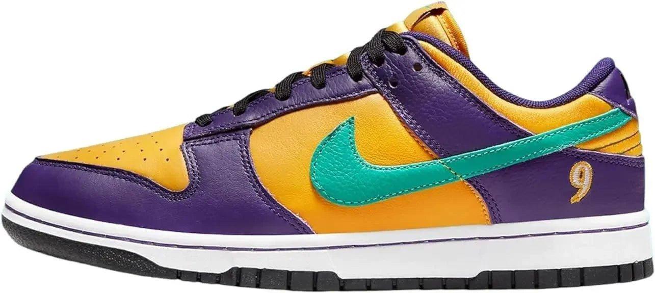 Purple and gold Nike Dunk Low sneaker with teal swoosh, women's fashion footwear
