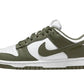 Olive green and white Nike Dunk Low sneaker with classic Swoosh design, ideal for casual fashion