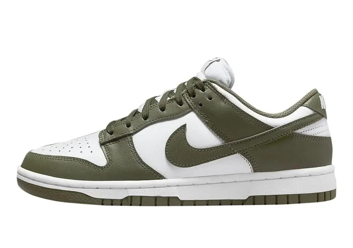Olive green and white Nike Dunk Low sneaker with classic Swoosh design, ideal for casual fashion