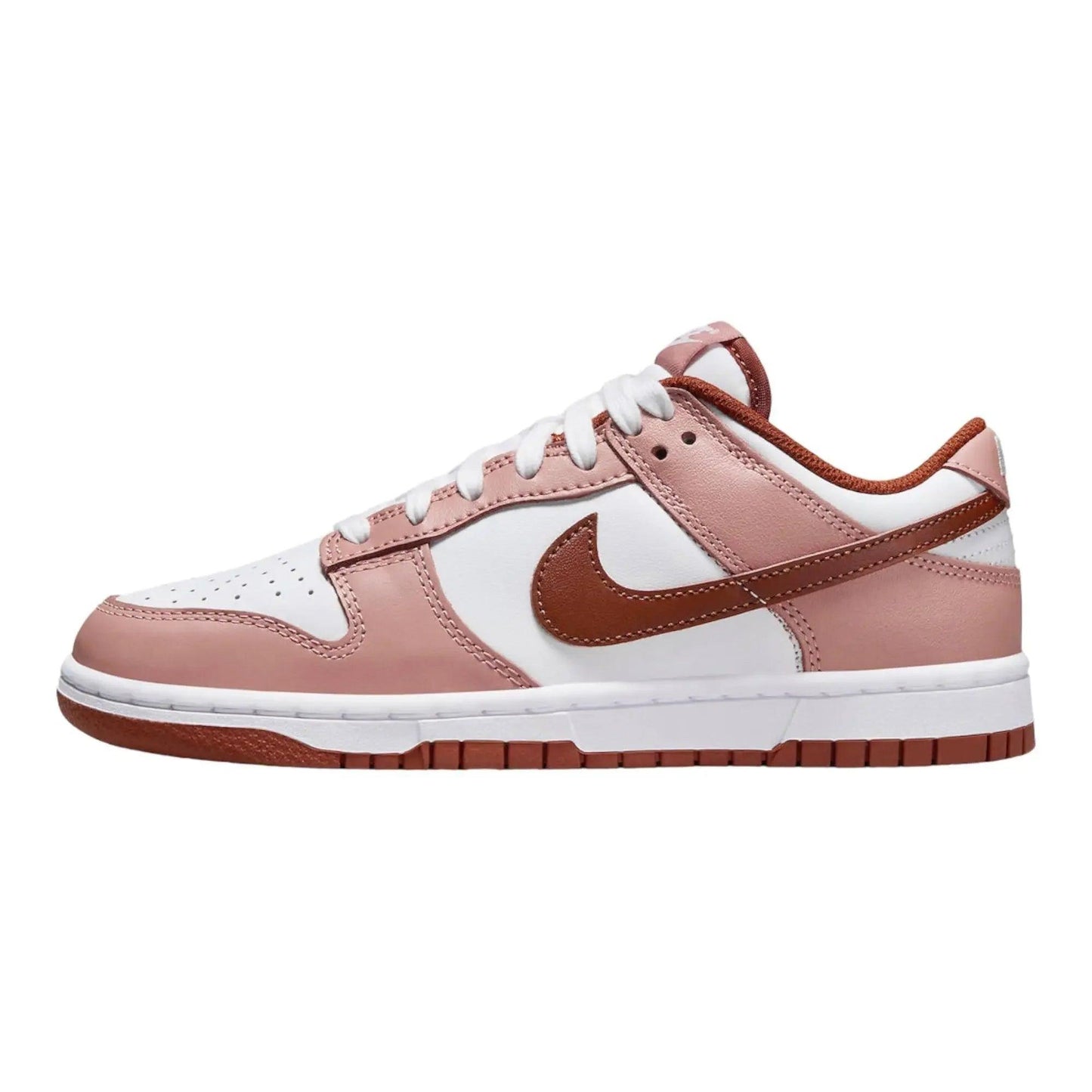 Pink and white Nike Dunk Low sneaker with brown swoosh and gum sole, women's fashion footwear