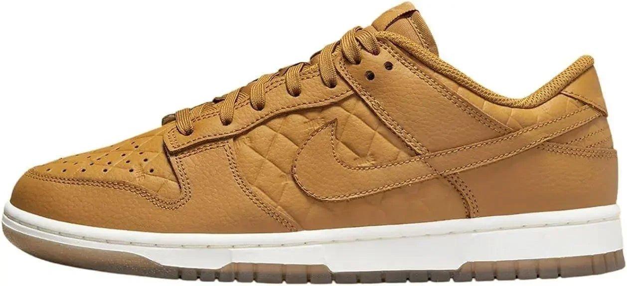 Tan quilted leather Nike Dunk Low sneaker with white sole, women's fashion footwear