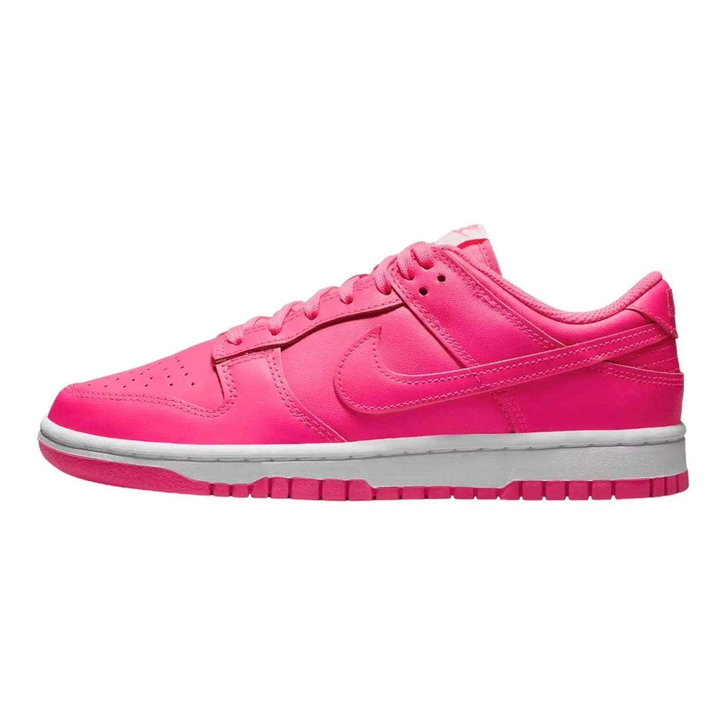 Vibrant pink women's Nike Dunk Low sneaker with white sole, perfect for fashion and casual wear.