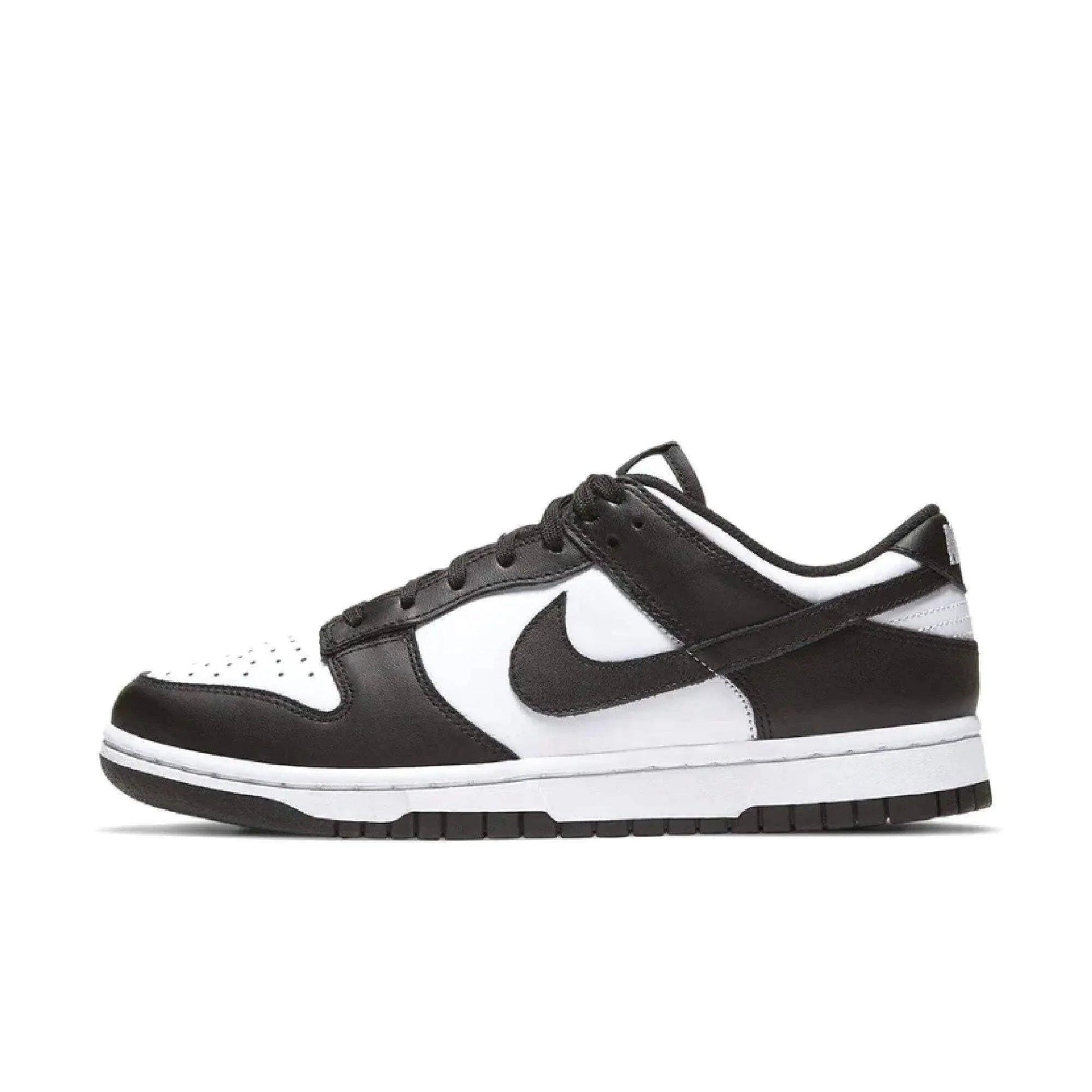 Black and white Nike Dunk Low sneaker with classic design, perfect for women's fashion and casual wear.