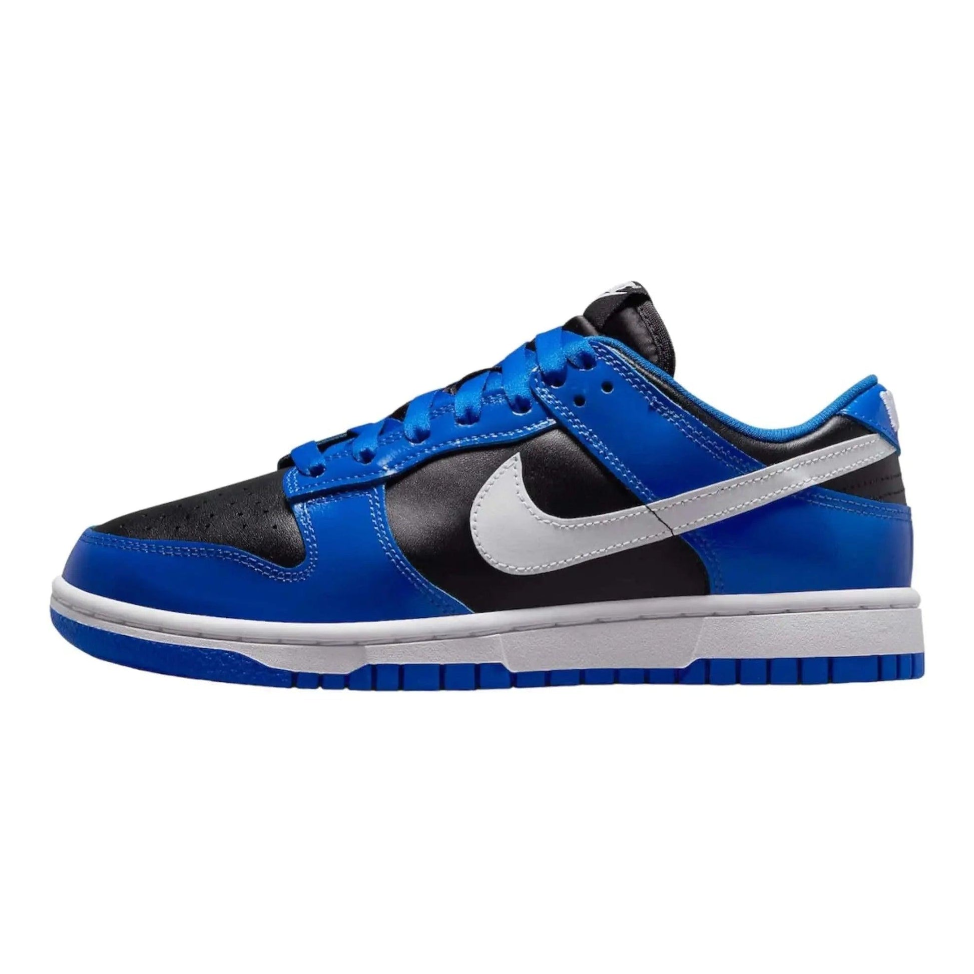 Blue and black Nike Dunk Low sneaker with white swoosh, ideal for women's fashion and streetwear style