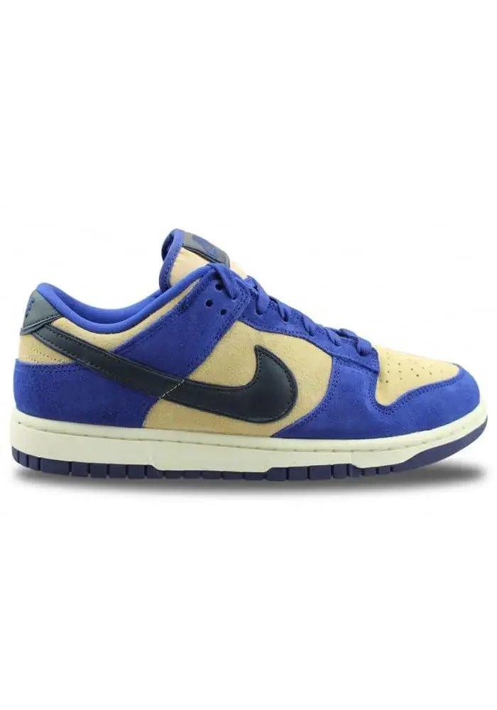 Blue and beige Nike Dunk Low sneaker with black swoosh, stylish women's fashion footwear