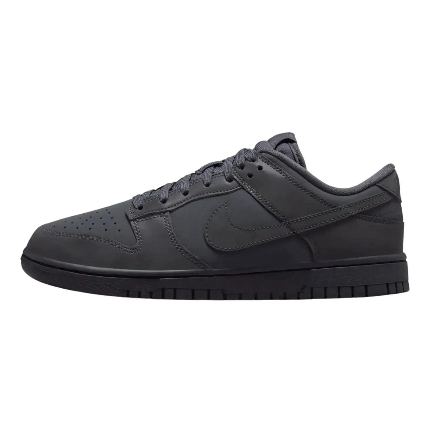 All black Nike Dunk Low sneaker with classic design and perforated toe box