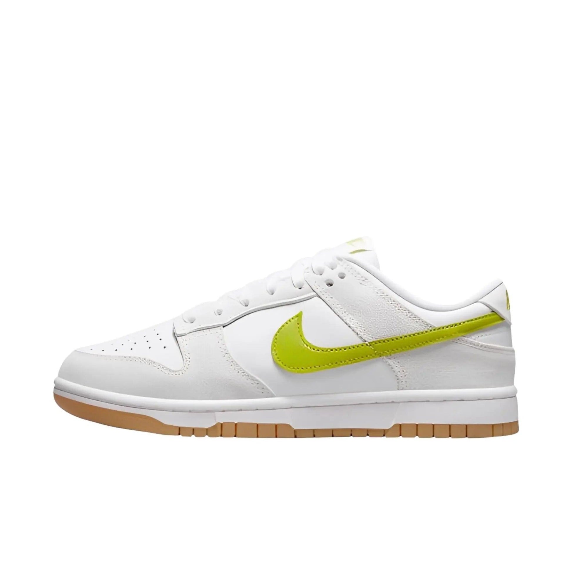 White Nike Dunk Low sneaker with neon green swoosh and gum sole, women's fashion footwear