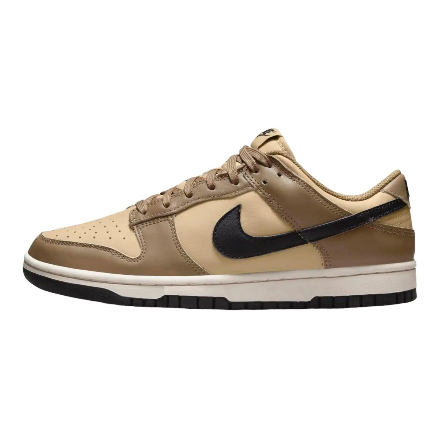 Beige and black Nike Dunk Low sneaker with classic design and white sole